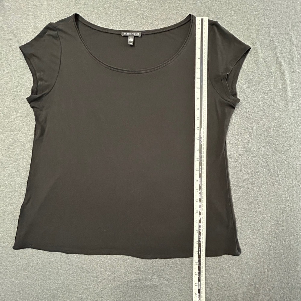 Eileen Fisher Womens L Black 100% Silk Jersey Knit Scoop Neck Cap Sleeve Top - Picture 6 of 7